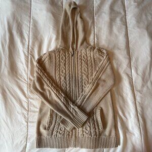Ladies LL Bean Cable Knit Hooded Zip Cotton Fisherman Sweater Oatmeal Medium